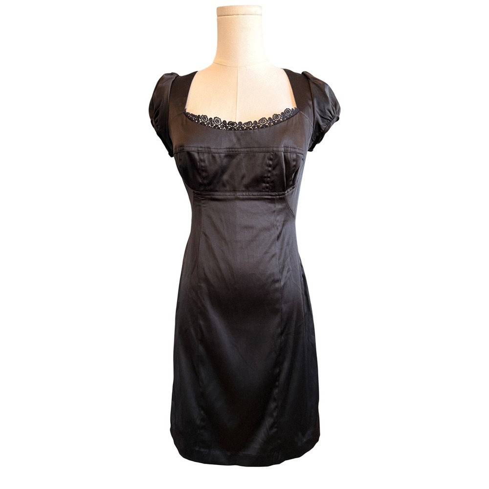Sele Black Satin Lace Trim Puff Sleeve Sheath Dress Size 9/10 LBD Empire Waist